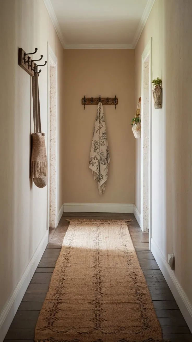 A worn neutral runner rug softens the soft beige walls of a charming country-style hallway