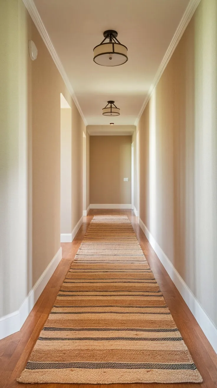 A natural fiber runner with subtle stripes in beige, gray, and brown enhances a light beige hallway's hardwood floors