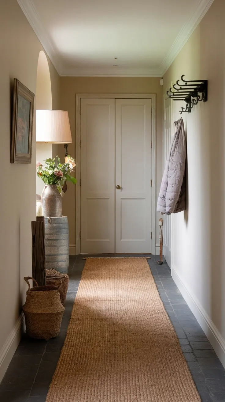 Soft beige walls and tasteful décor complement a hallway runner, creating a welcoming and inviting atmosphere.