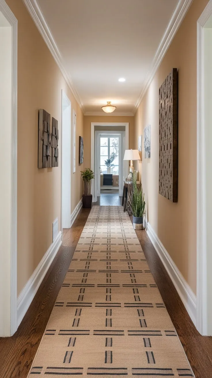 Subtle geometric patterns on a beige runner rug enhance the elegance of a long, beige-walled hallway with dark hardwood floors.