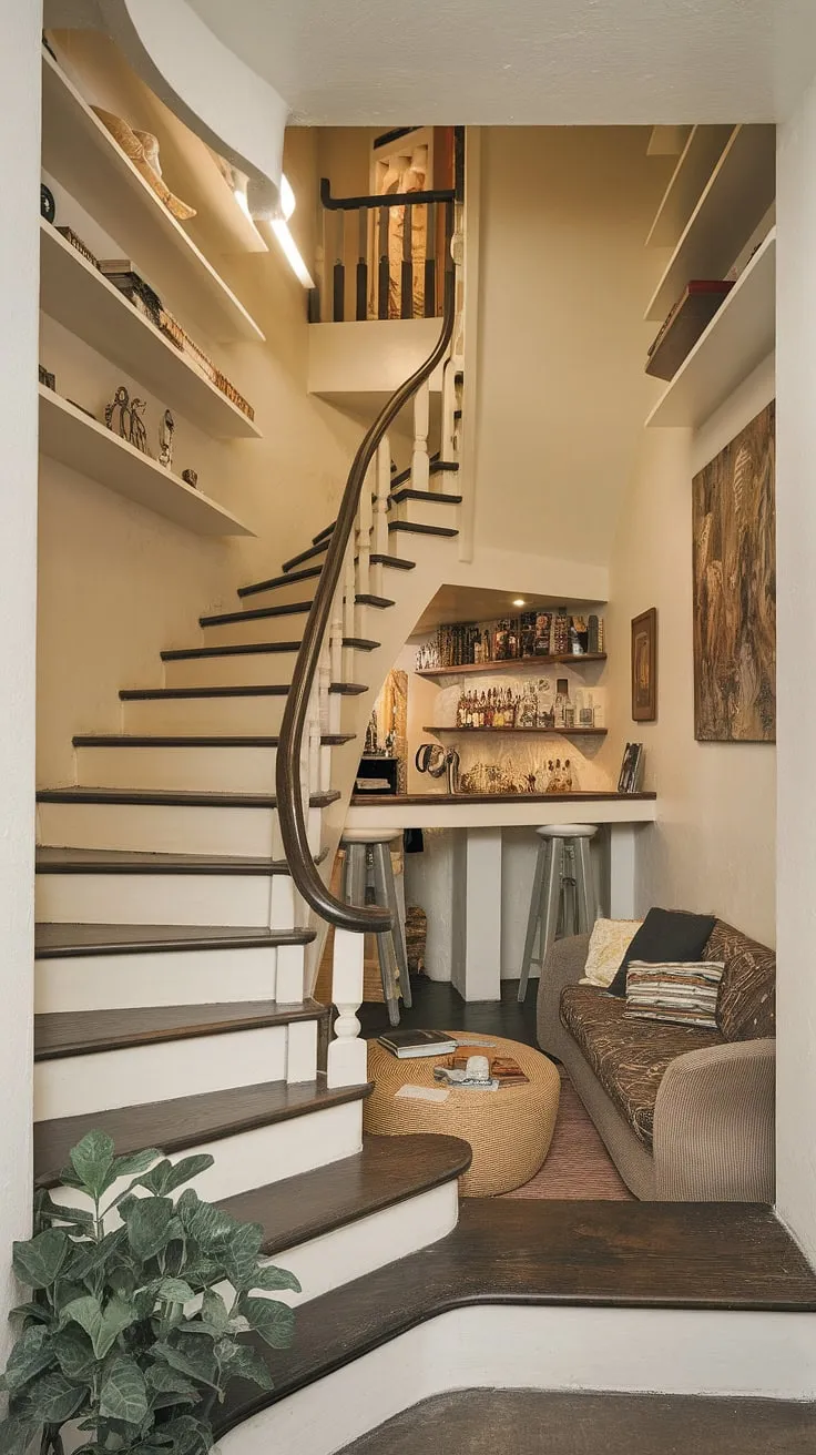A stunning example of home stairwell ideas, this space seamlessly blends functionality and style.  The stairs design with storage cleverly incorporates a staircase bar under stairs and a cozy small living room under stairs, maximizing every inch.  Downstairs storage ideas are taken to a new level with the built-in shelving and under stairs storage, while the stair shelf ideas add a touch of elegance.  This below stairs interior design is a masterclass in downstairs design ideas.