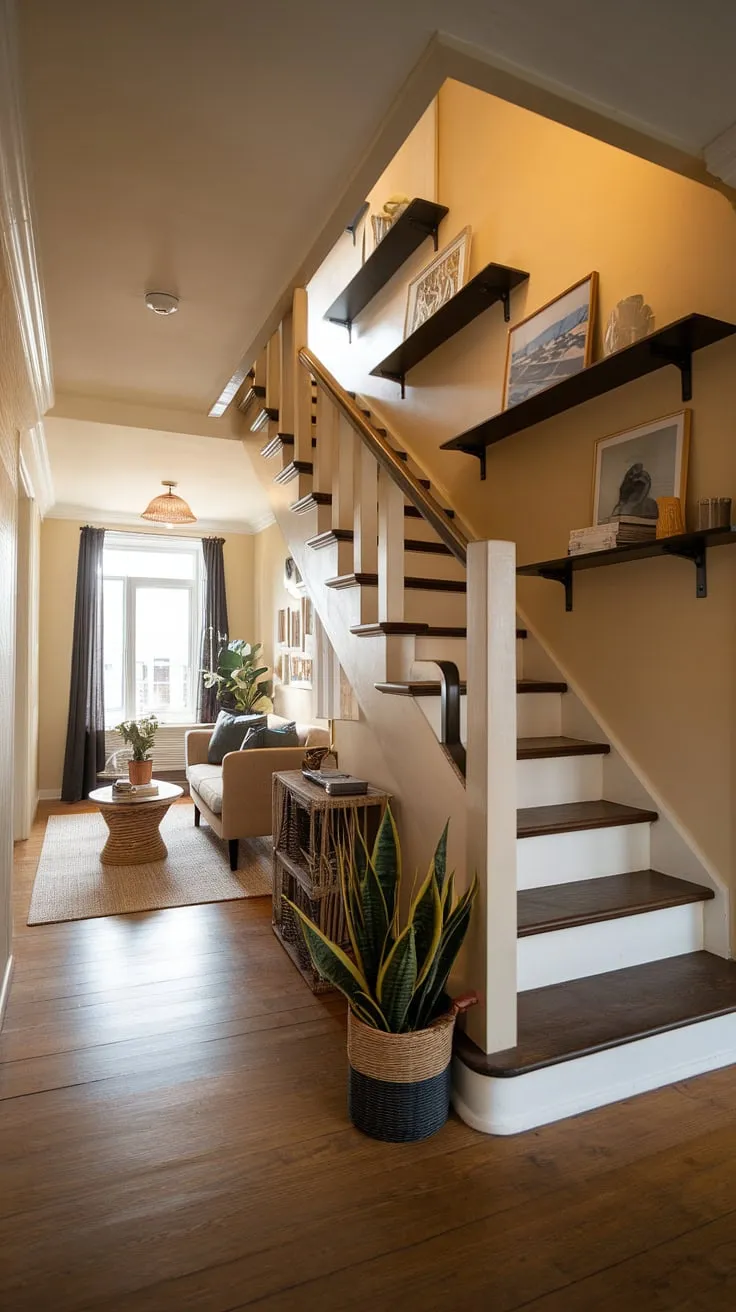 Discover ingenious downstairs design ideas with this stunning home stairwell.  The stairs design with storage cleverly incorporates a small living room and a staircase bar under the stairs, showcasing innovative under stairs storage and stair shelf ideas.  This below stairs interior design is a masterclass in maximizing space, offering inspiration for your own hallway stair and downstairs storage ideas.