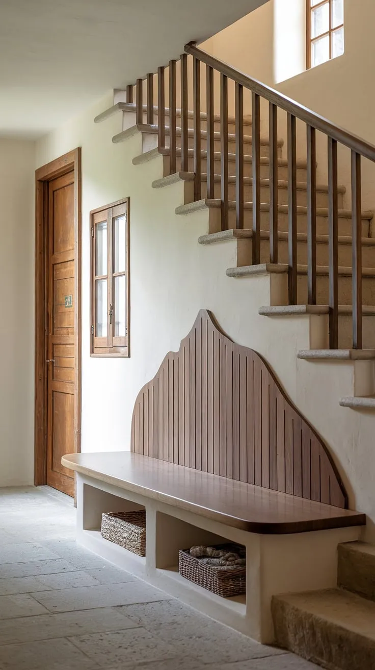 The ingenious stairs design with storage in this home stairwell is a masterclass in maximizing space.  Note the clever use of under stairs storage, featuring a built-in bench and extensive shelving below the stairs. This is a prime example of downstairs storage ideas and below stairs interior design, showcasing how even a small living room under stairs can be stylish and functional.  The hallway stair's design incorporates practical stair shelf ideas, while leaving room for creative possibilities like a staircase bar under stairs.  These downstairs design ideas are truly inspiring.