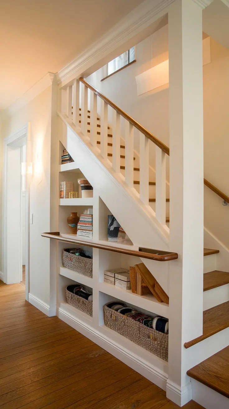 Warm lighting and rich wood floors enhance the beauty of this home stairwell.  The innovative stairs design with storage, featuring a built-in bar and shelves, showcases brilliant under stairs storage and stair shelf ideas.  This clever use of space offers practical downstairs storage ideas and downstairs design ideas, ideal for even the smallest living room under stairs.  Explore these home stairwell ideas and below stairs interior design solutions for your own space.