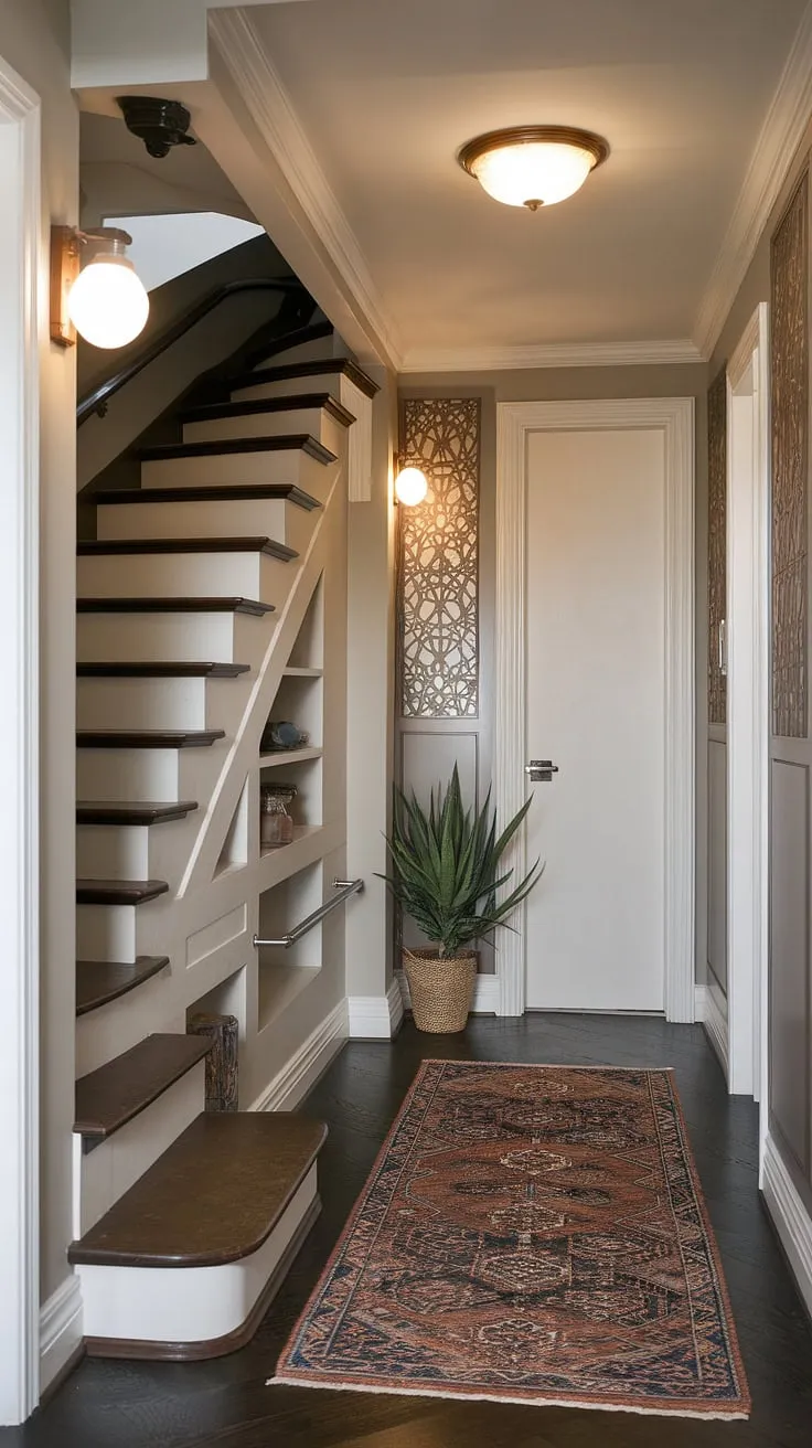 Step into a world of clever design with this stunning hallway stair.  The stairs design with storage, featuring a built-in bar and shelves, offers the ultimate in downstairs storage ideas.  This is the epitome of under stairs storage, showcasing innovative home stairwell ideas and below stairs interior design.  Transform your downstairs space with these stair shelf ideas, creating a small living room under stairs that's both functional and chic.