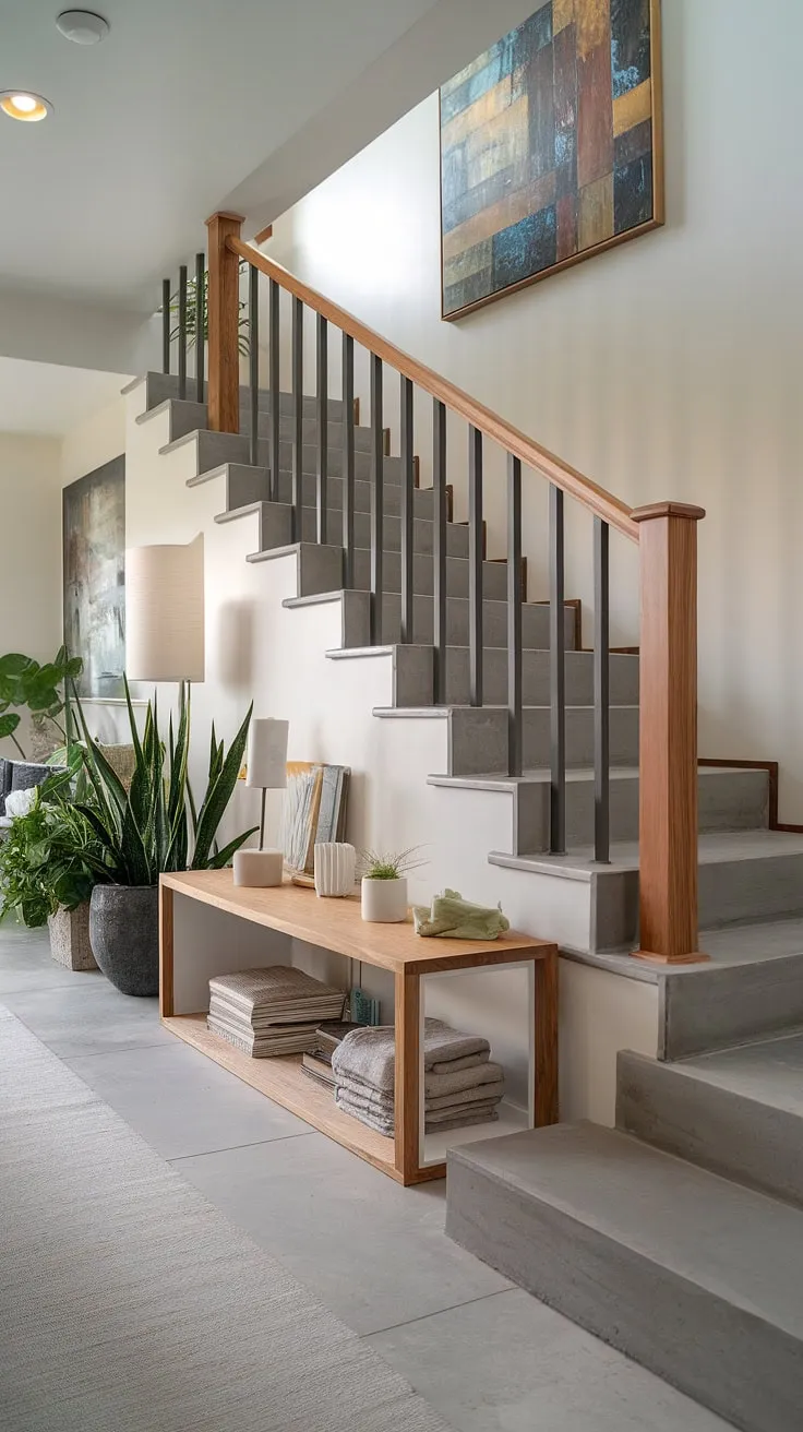 Elevate your downstairs design with this inspiring hallway stair design.  The concrete stairs, complemented by a warm wooden banister, lead the eye upwards, while the integrated under stairs storage cleverly utilizes every inch of space.  Explore these downstairs storage ideas and stair shelf ideas for your own home.  From small living room under stairs solutions to creative staircase bar under stairs concepts, this image provides ample home stairwell ideas and demonstrates the potential of below stairs interior design.