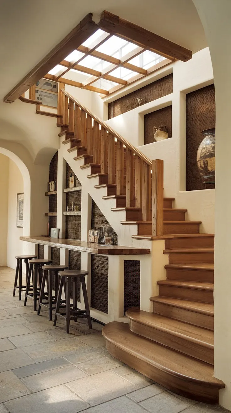 Sunlight streams through the skylight, illuminating the rustic charm of this unique hallway stair.  Clever stairs design with storage maximizes space, transforming the area below into a cozy bar with stools. This home stairwell ideas showcases ingenious downstairs design ideas and downstairs storage ideas, proving that under stairs storage can be both functional and stylish.  The built-in shelves offer ample stair shelf ideas, while the small living room under stairs creates an unexpected and inviting space.  A perfect example of below stairs interior design and a staircase bar under stairs done right.