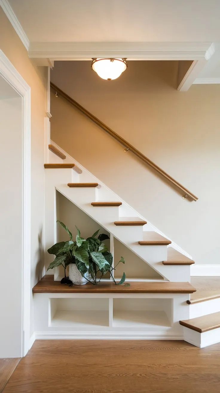 Sunlight streams into this cozy hallway, highlighting the clever stairs design with storage.  This under stairs storage solution maximizes space, creating a small living room under stairs perfect for a plant and adding a touch of charm to these downstairs design ideas.  Consider this home stairwell ideas inspiration for your own below stairs interior design project – perhaps even a staircase bar under stairs!  Plenty of stair shelf ideas are possible with this creative use of space.
