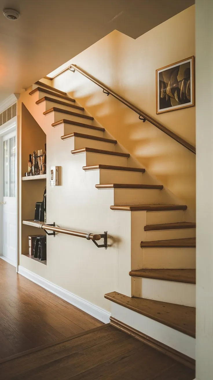 Warm lighting illuminates this stunning hallway stair, showcasing a unique stairs design with storage that maximizes space.  The clever under stairs storage, including a built-in bar and shelving, offers brilliant downstairs storage ideas and below stairs interior design solutions.  This home stairwell ideas masterpiece transforms a small living room under stairs into a stylish and functional area.  Stair shelf ideas are seamlessly integrated, completing this exceptional downstairs design ideas project.