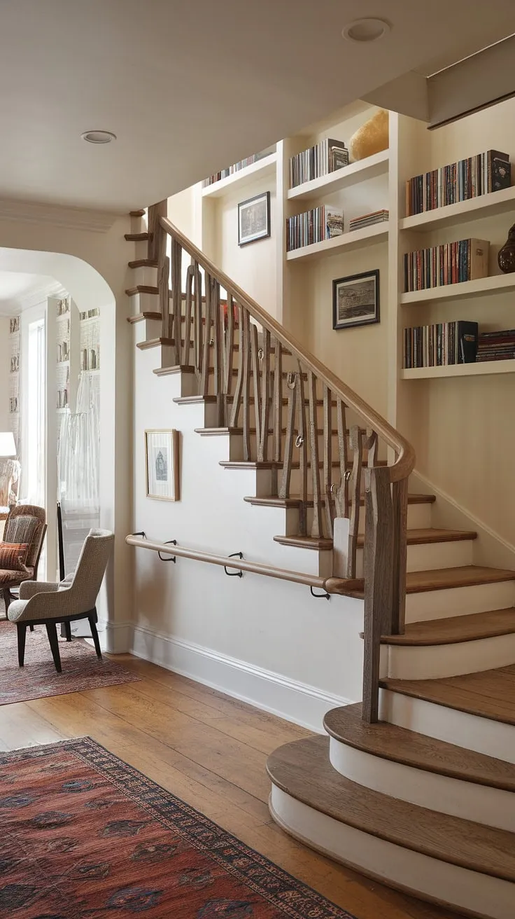The unique stairs design with storage under this hallway stair is a masterclass in downstairs storage ideas.  This below stairs interior design cleverly incorporates a staircase bar under stairs, transforming unused space into a functional and stylish area.  The small living room under stairs is a testament to creative home stairwell ideas, while the stair shelf ideas add visual interest to the space.