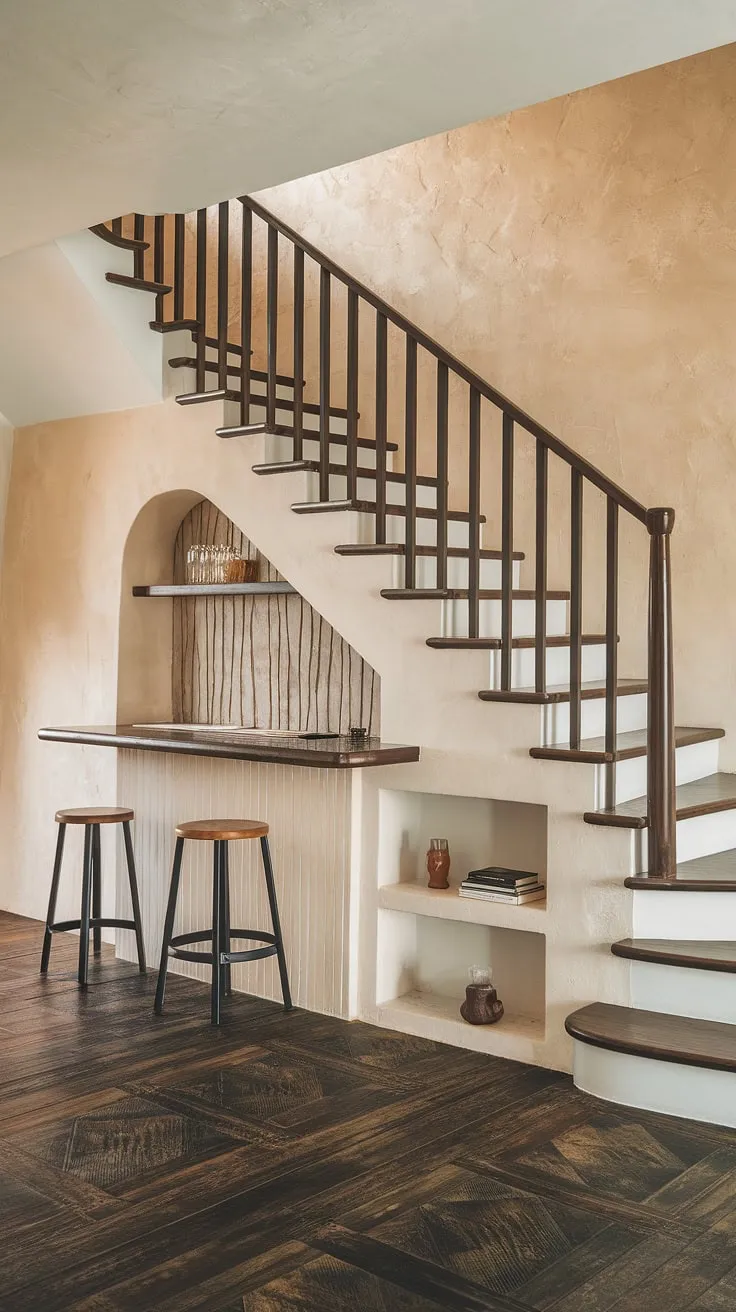 This hallway stair's unique design maximizes space with clever under stairs storage, transforming the area into a chic bar.  The stairs design with storage, including the stair shelf ideas, seamlessly integrates with the downstairs design ideas, creating a small living room under stairs that's both functional and stylish.  This below stairs interior design is a masterclass in home stairwell ideas and downstairs storage ideas.
