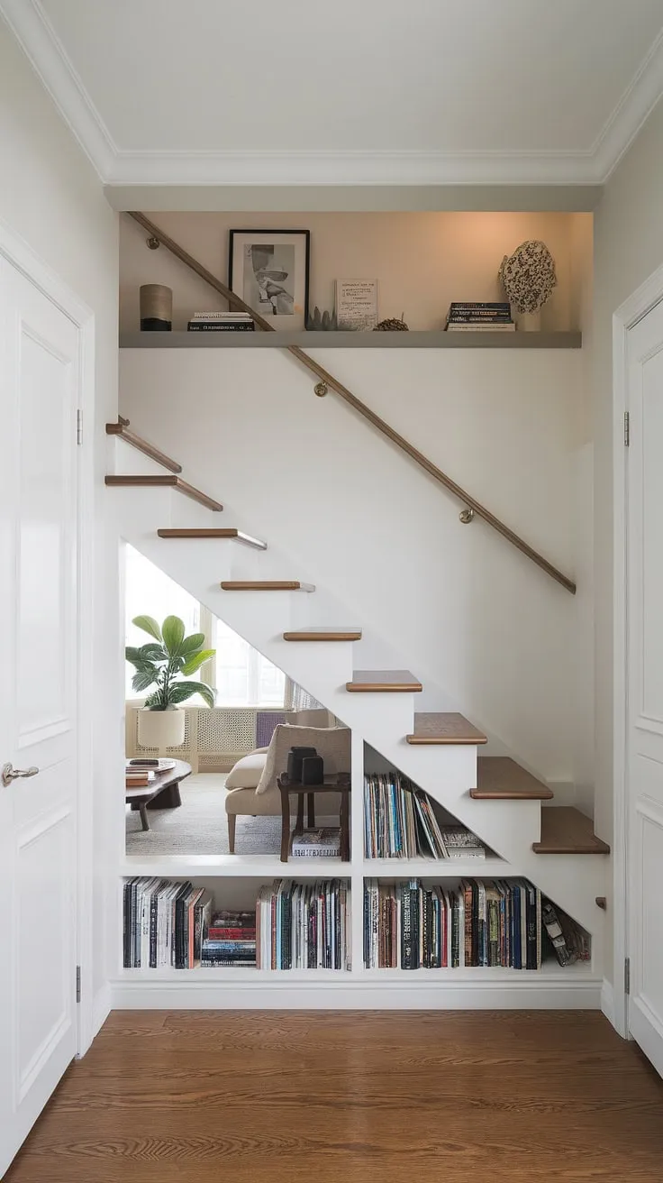 This home stairwell ideas showcases the perfect blend of form and function.  The unique stairs design with storage maximizes space, cleverly incorporating a small living room under stairs and abundant under stairs storage.  The hallway stair leads the eye to this cozy retreat, highlighting innovative below stairs interior design and downstairs storage ideas.  Note the thoughtful stair shelf ideas and the potential for a staircase bar under stairs in this inspiring space.