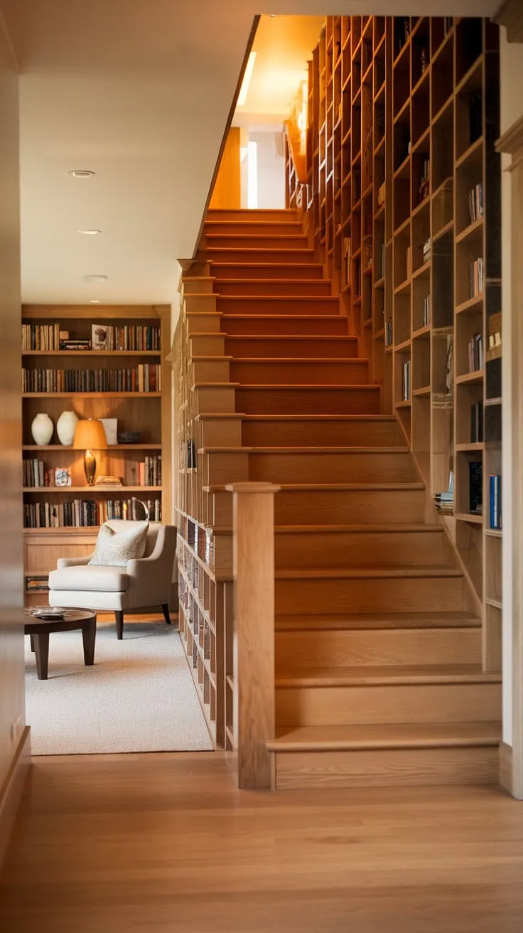 This stunning below stairs interior design utilizes every inch of space.  The hallway stair leads down to a cozy small living room under stairs, cleverly incorporating under stairs storage with custom-made wooden shelves.  This home stairwell ideas project is a testament to efficient downstairs design ideas and downstairs storage ideas, showcasing innovative stair shelf ideas and offering inspiration for those seeking creative solutions for under stairs storage.  Imagine enjoying a drink at a future staircase bar under stairs in this delightful nook!