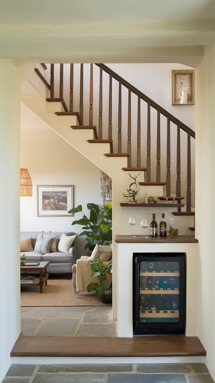 Home stairwell ideas don't get much more creative than this!  The under stairs storage is brilliantly utilized, creating a charming small living room and a functional bar below the stairs.  Note the thoughtful stairs design with storage, including the stair shelf ideas, showcasing exceptional downstairs design ideas and downstairs storage ideas. This below stairs interior design is a masterclass in maximizing space.