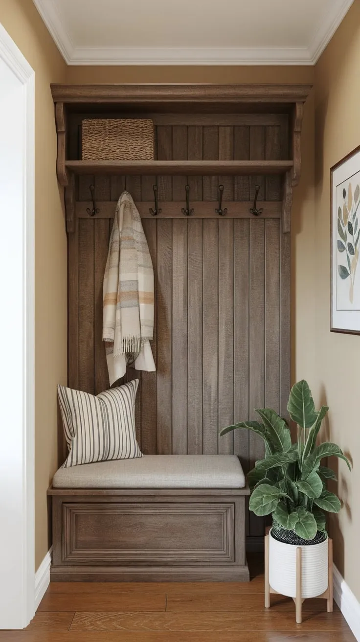 A beige-walled hallway boasts a cozy wooden bench with storage, a matching coat rack, and a leafy green plant, maximizing space and style.