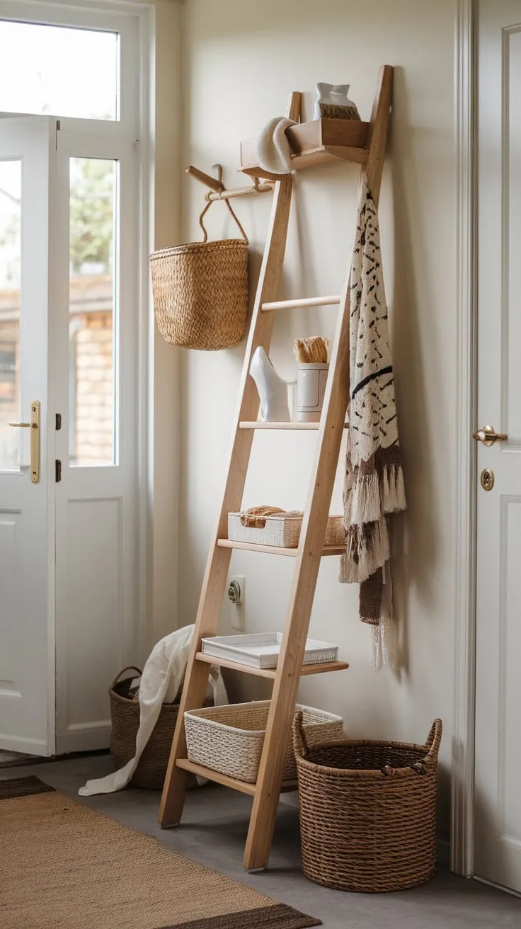 Rustic charm meets practical storage in a hallway makeover featuring a ladder, basket, and rug, creating a welcoming and organized entryway.