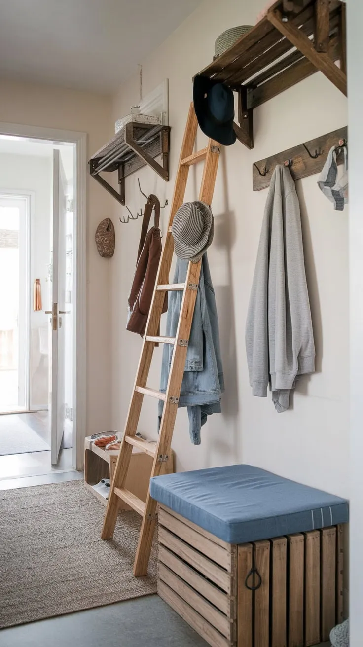 Transform your hallway into a stylish and functional space with clever DIY storage solutions like a coat-hanging ladder and a cushioned crate seat.