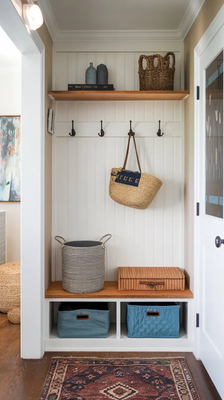 Maximize your hallway's potential with DIY storage—a charming shelf, chest, hooks, and rug create a functional and stylish entryway