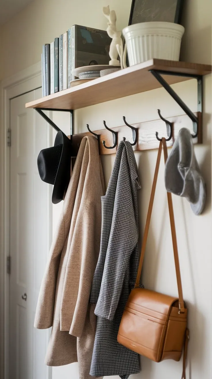 Maximize your hallway space with a DIY storage solution featuring a stylish shelf and hooks for coats, hats, and bags.