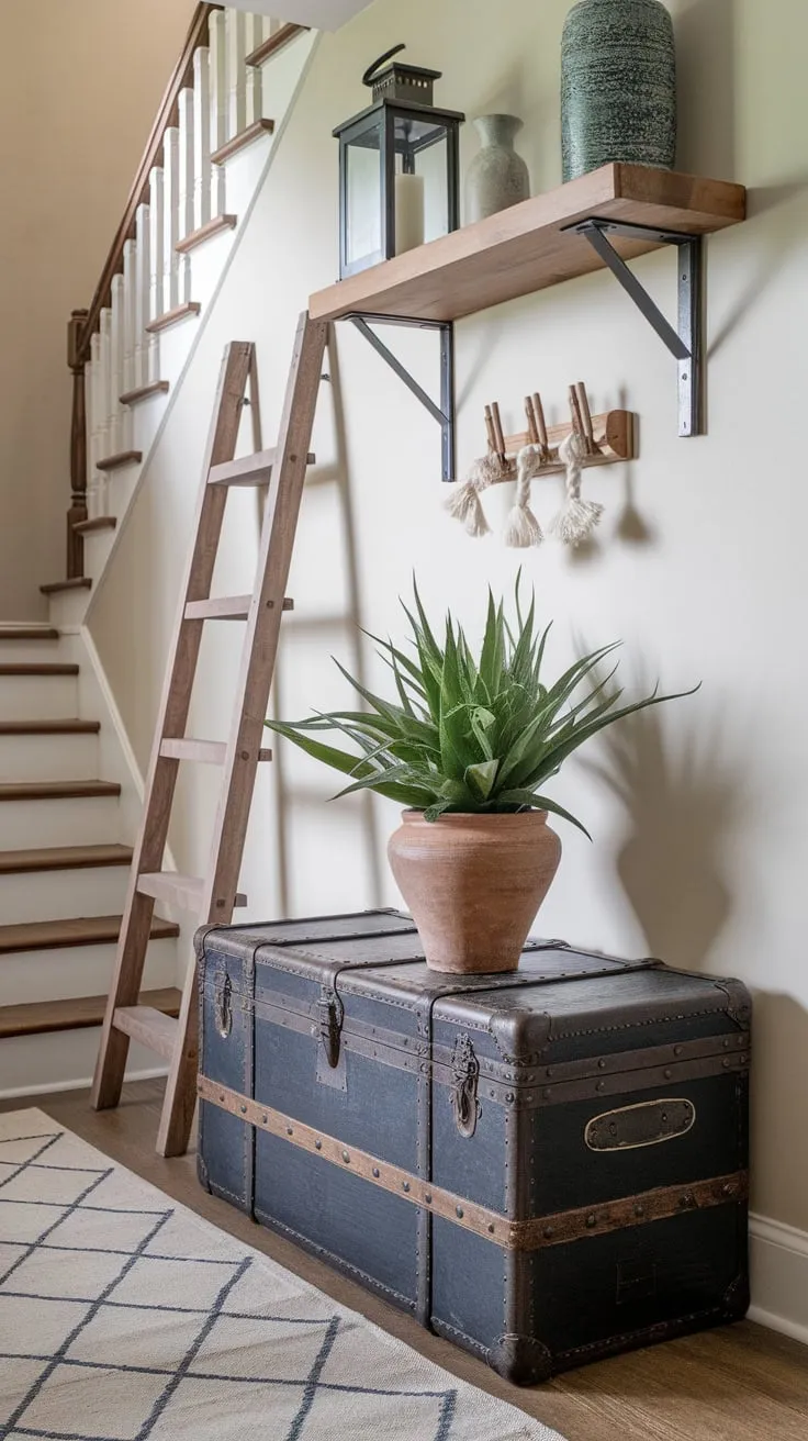 A vintage trunk, wooden ladder, and wall shelf blend seamlessly to offer both charming decor and practical hallway storage, maximizing your entryway's potential.