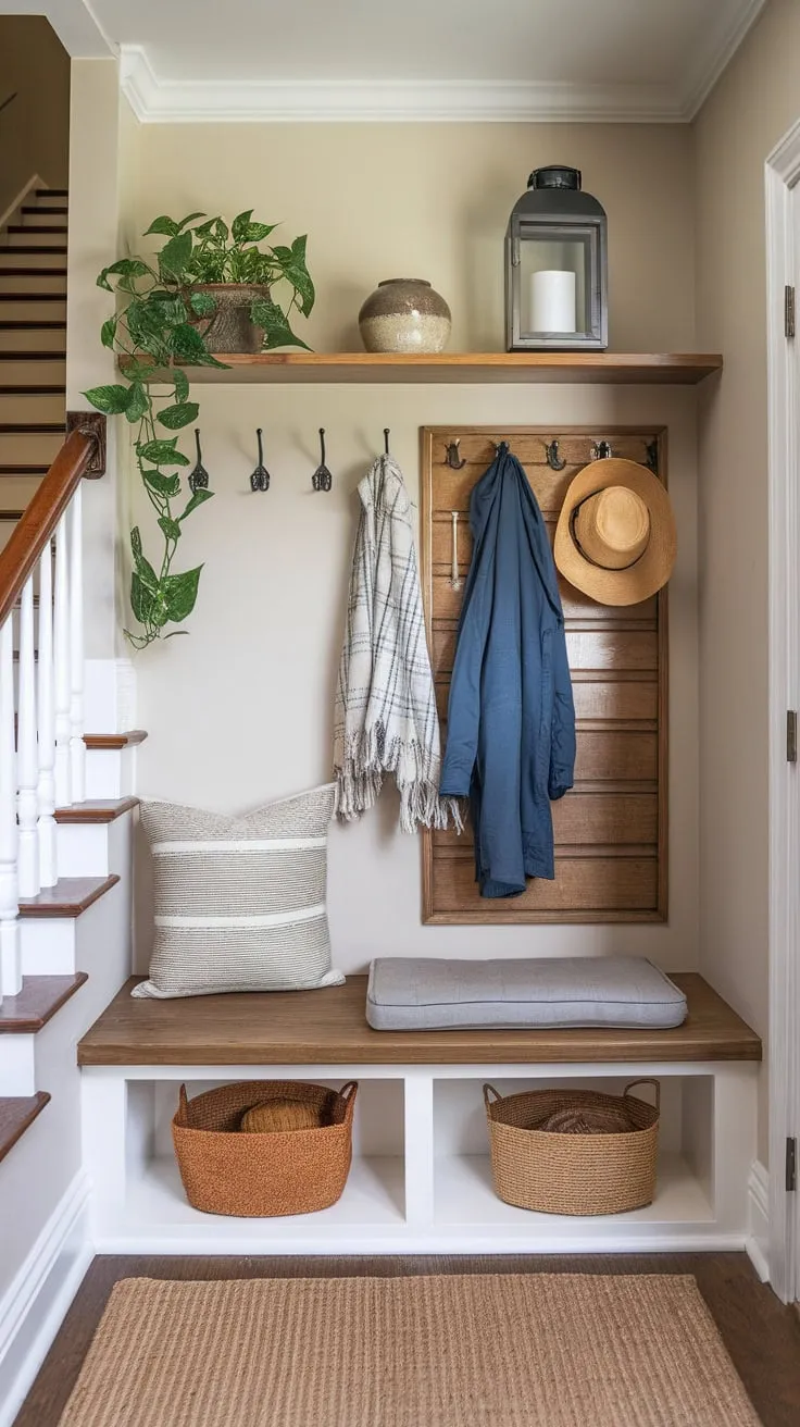 Transform your hallway into a stylish and functional entryway with built-in storage, a comfy bench, and decorative accents