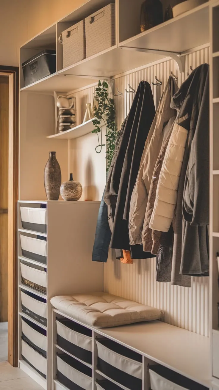 Warm lighting illuminates a welcoming hallway maximizing space with a coat rack, bench, decorative shelving, and a multi-compartment storage unit.