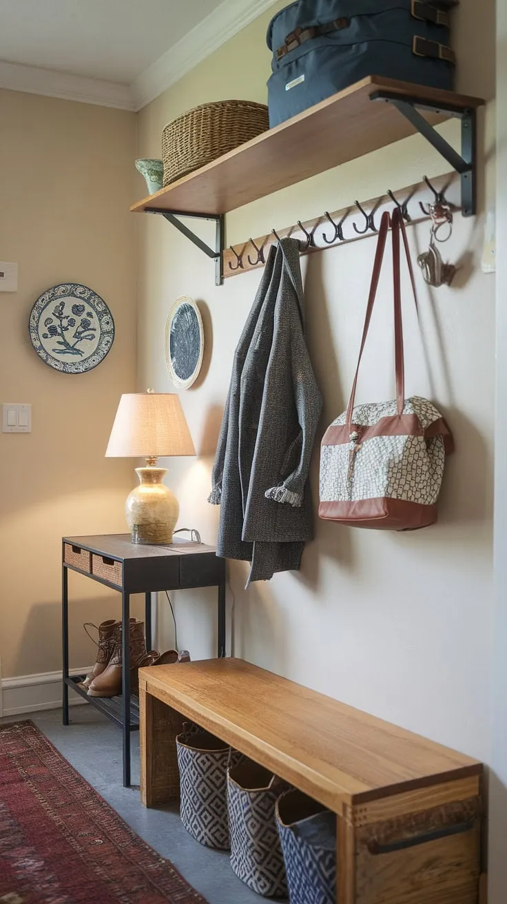Transforming a drab hallway into a functional and stylish home entrance decor was easier than I thought!  This DIY hallway storage solution, featuring clever furniture storage solutions and custom-built shelving, maximizes space and adds a touch of home interior design charm. The result?  Hallway organization that's both practical and aesthetically pleasing.