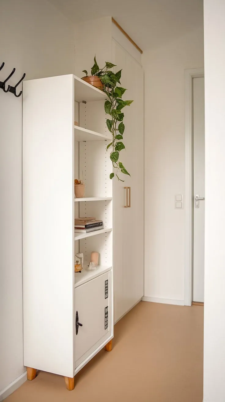 Transform your home entrance decor with smart hallway storage. This simple yet elegant cabinet offers practical hallway organization and adds a touch of personality to your home interior design.  A perfect example of functional DIY storage solutions that elevate your home decor.