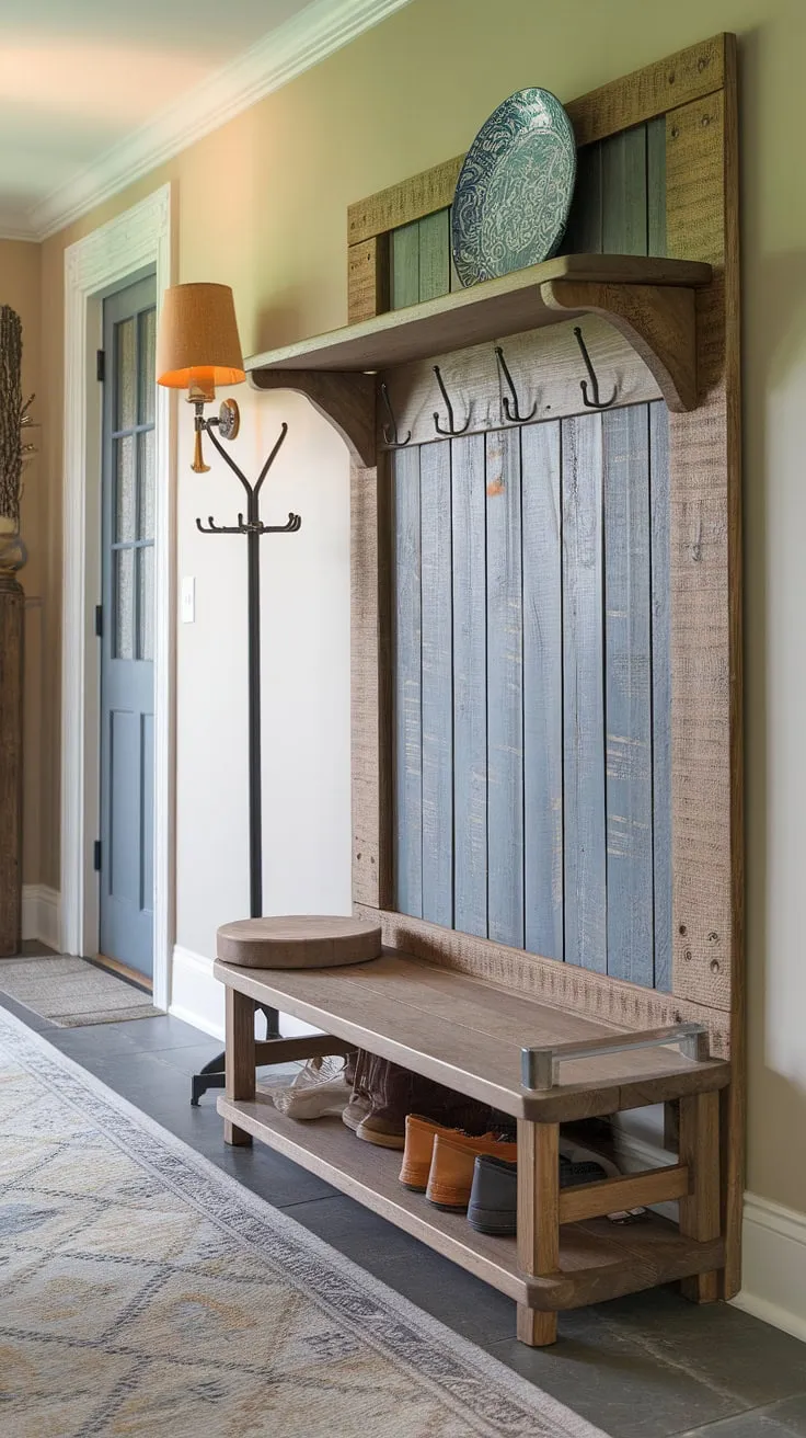 Transform your home entrance decor with this inviting hallway storage setup.  The multi-tiered wooden shelf offers practical storage, beautifully complemented by the rustic hat stand.  This DIY storage solution is a testament to how thoughtful home interior design can maximize space and style.  The patterned rug and subtle lighting complete the look, making this entrance decor a true reflection of personalized home decor and efficient furniture storage solutions.