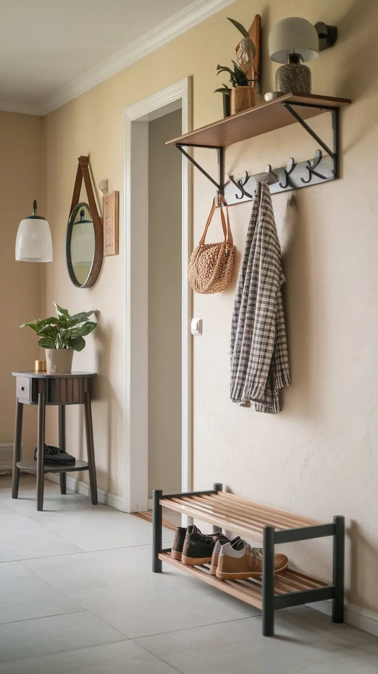 Transform your hallway into a welcoming haven with smart hallway storage solutions. This home entrance decor showcases practical furniture storage solutions, from a rustic shoe rack to a stylish coat rack, effortlessly blending functionality with home interior design.  The DIY storage solutions add a personal touch, while the carefully chosen home decor creates a warm and inviting ambiance.