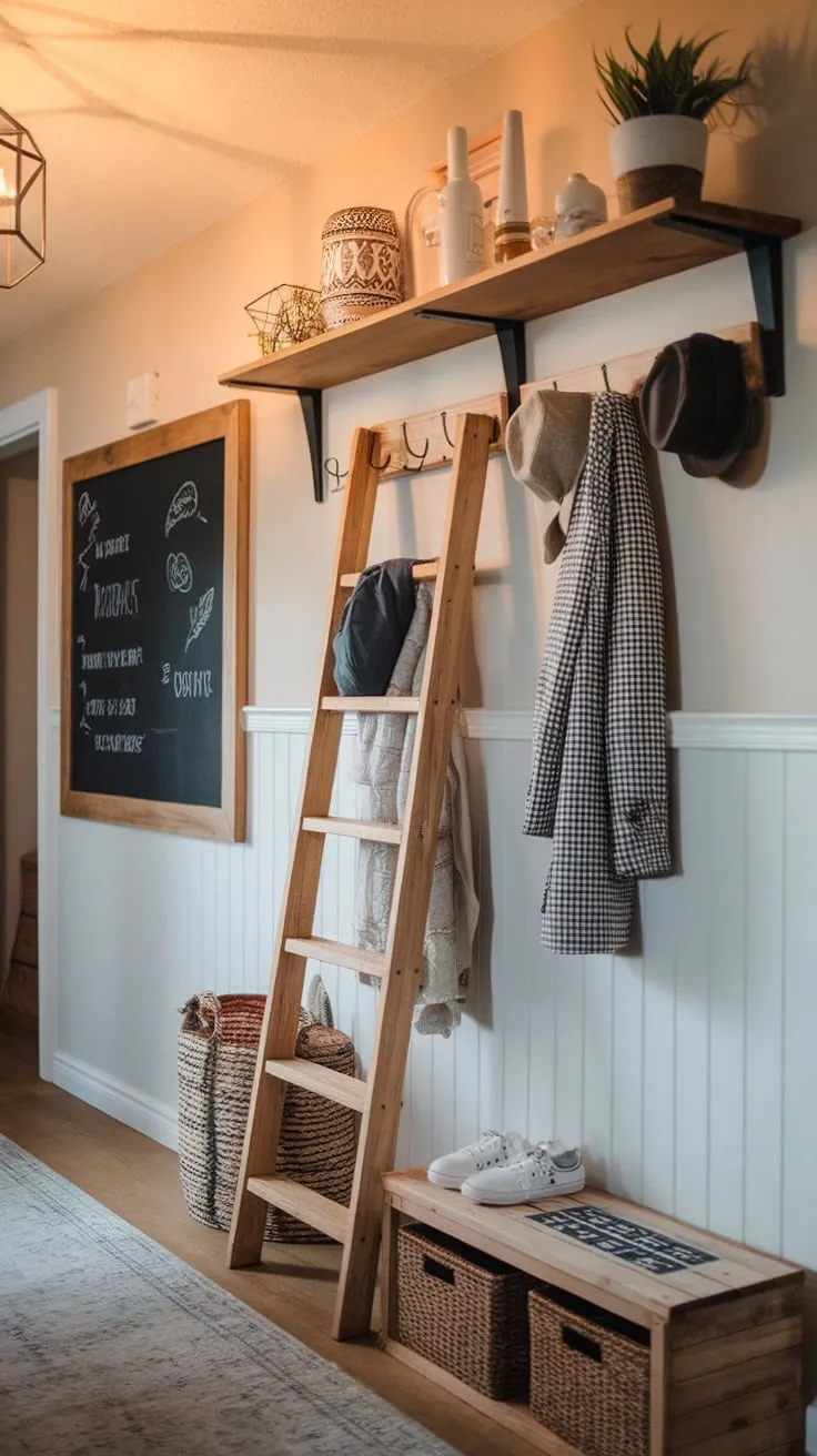 Transform your hallway into a stylish and organized entryway with DIY storage solutions like a coat-hanging ladder, decorative shelving, and a message chalkboard.
