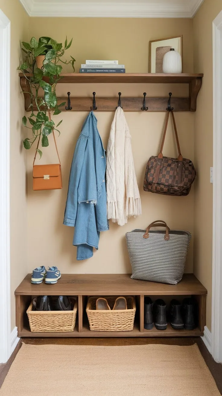 A stylish beige hallway boasts a wooden shelf with coat hooks, a wicker shoe basket, and a plant, offering both storage and charming home entrance decor.