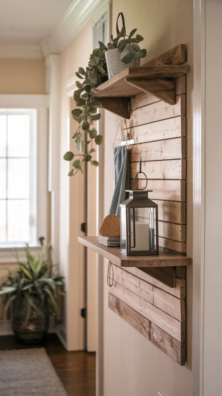 A simple DIY wooden shelf adds rustic farmhouse charm and practical storage to any hallway.