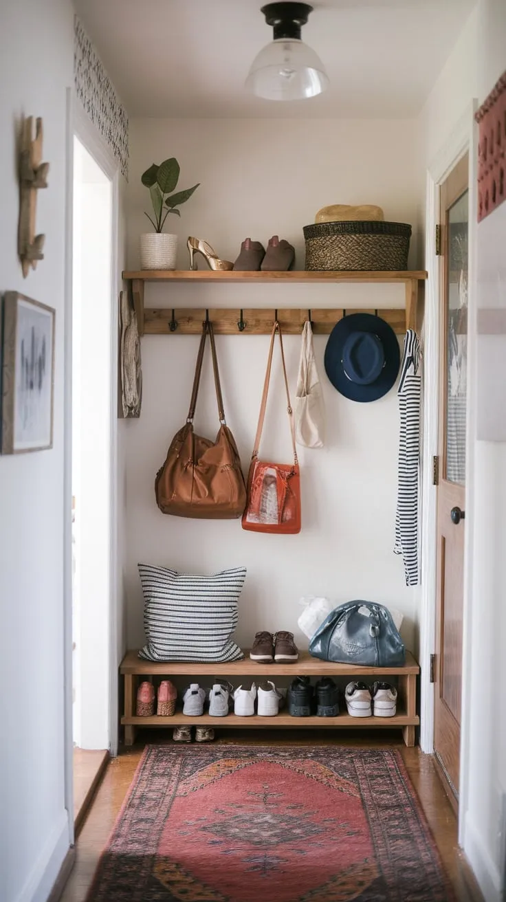 A bright and welcoming hallway is transformed by a simple yet effective DIY storage solution featuring a shelf and hooks.