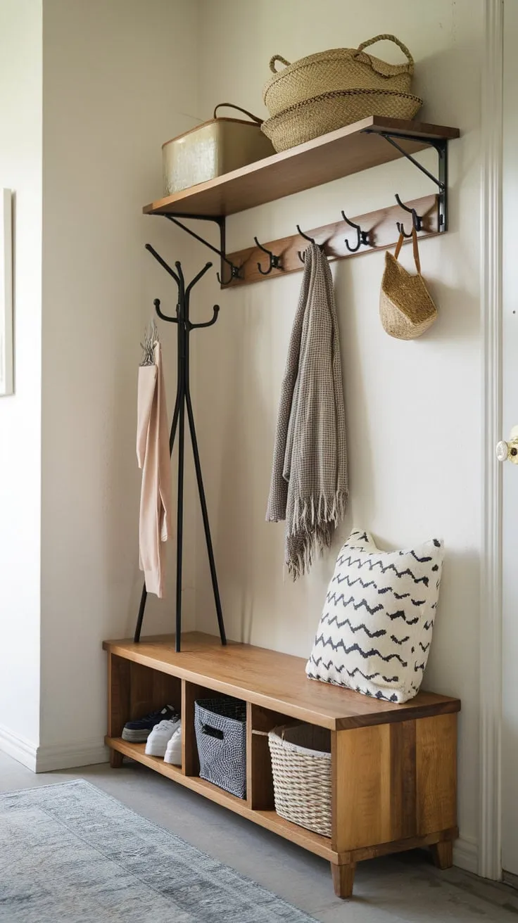 Maximize your hallway's potential with a charming storage solution featuring a wooden shelf, hooks, basket, and coat rack against a white wall, creating both functionality and style.