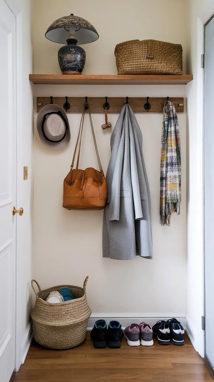 Maximize your hallway's potential with a stylish storage solution featuring a wooden shelf, coat hooks, a shoe basket, and hat hooks, all enhancing both functionality and décor