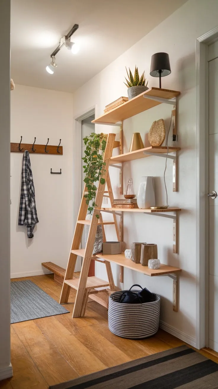 Transform your hallway into a stylish and functional space with clever DIY storage solutions like a ladder shelf and wall hooks, maximizing space and showcasing your belongings.