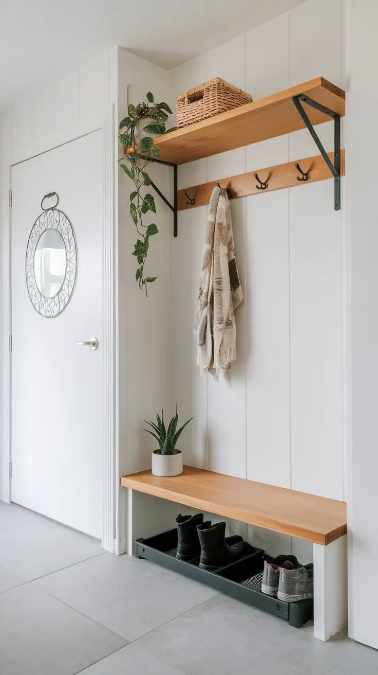 Maximize hallway space with a minimalist design featuring overhead storage, a boot tray, and a decorative mirror.