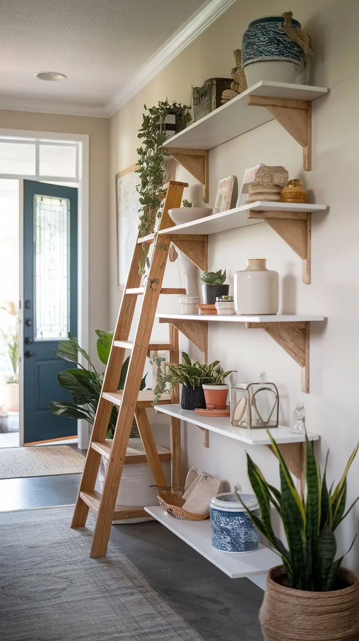 Maximize your hallway space and elevate your home entrance decor with this ingenious DIY storage idea.  This hallway organization solution, featuring a repurposed ladder and charming shelves, provides ample furniture storage solutions for plants, pots, and decorative pieces.  The result? A stylish and functional home interior design that seamlessly integrates hallway storage with your overall home decor.