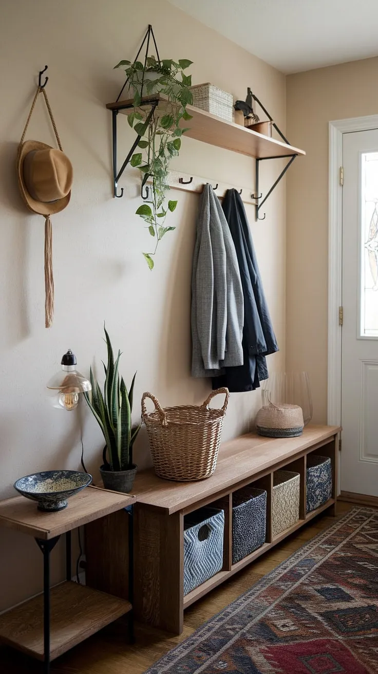Maximize your home's entrance decor with this inspiring hallway organization setup.  From the vintage lamp on the wooden shelf to the thoughtfully placed coat rack, every element contributes to a cohesive and efficient use of space.  These DIY storage solutions offer a perfect blend of style and functionality for your home interior design needs.