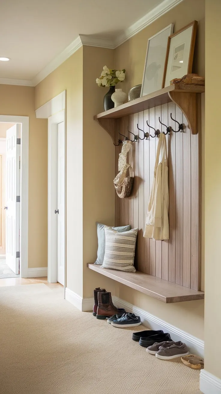 This simple yet stunning DIY storage solution proves that hallway organization doesn't have to be complicated.  The rustic wooden shelf with hooks offers practical hallway storage and adds a touch of charm to your home entrance decor.  A perfect example of affordable furniture storage solutions, this home interior design element effortlessly blends functionality and style, creating a welcoming entrance decor.