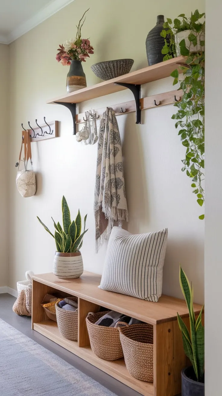 A charming hallway boasts practical storage solutions seamlessly blended with decorative elements, creating an inviting and functional entrance.