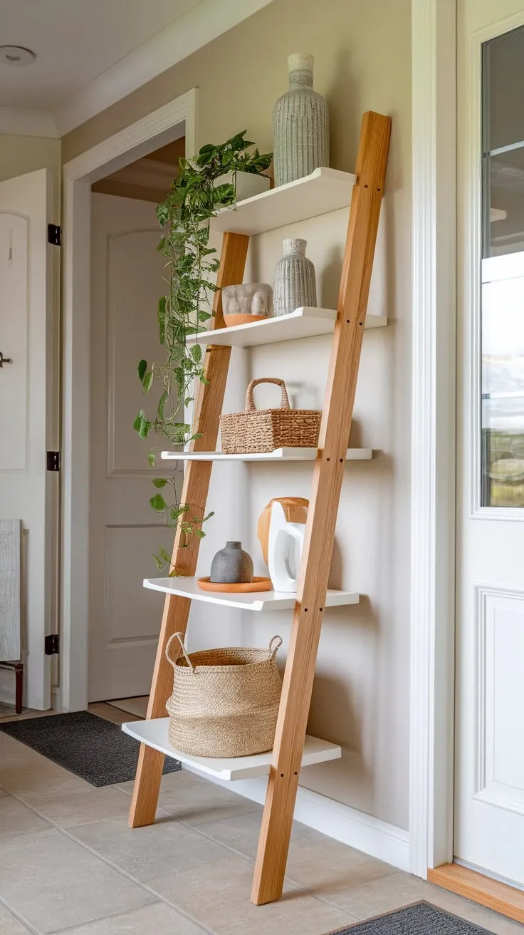 Transform your hallway into a stylish storage haven with a ladder-shelf system holding plants, baskets, and décor.