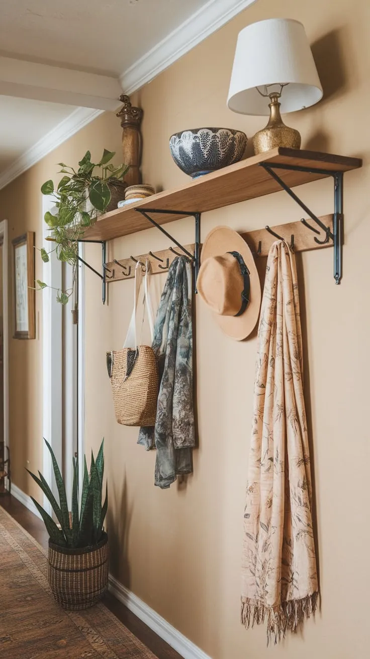 Transform your hallway from cluttered to chic using a simple yet effective DIY storage system featuring a wall-mounted shelf and coat rack.