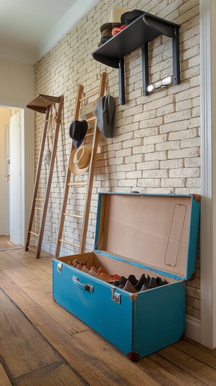 Rustic charm meets practical storage in a hallway featuring a vintage suitcase shoe rack, ladder coat and hat racks, and brick walls.