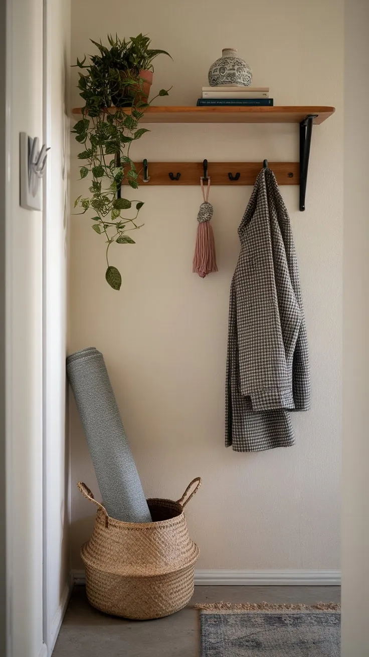 A thoughtfully designed hallway utilizes wall space and floor storage to create a functional and aesthetically pleasing area.