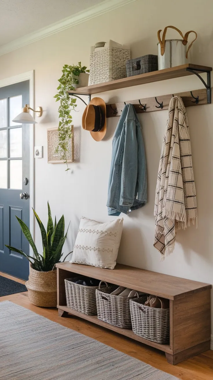 Transform your entryway with a stylish wooden shelf, coat hooks, shoe basket, and tasteful decor for functional and beautiful hallway storage.
