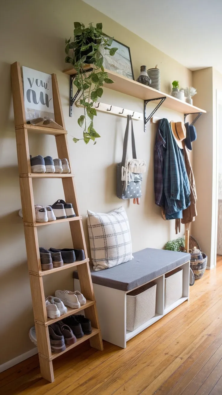 Maximize your hallway's potential with clever DIY storage—a shoe-laden ladder, plant-topped shelf, cushioned bench, and coat rack transform wasted space into stylish organization