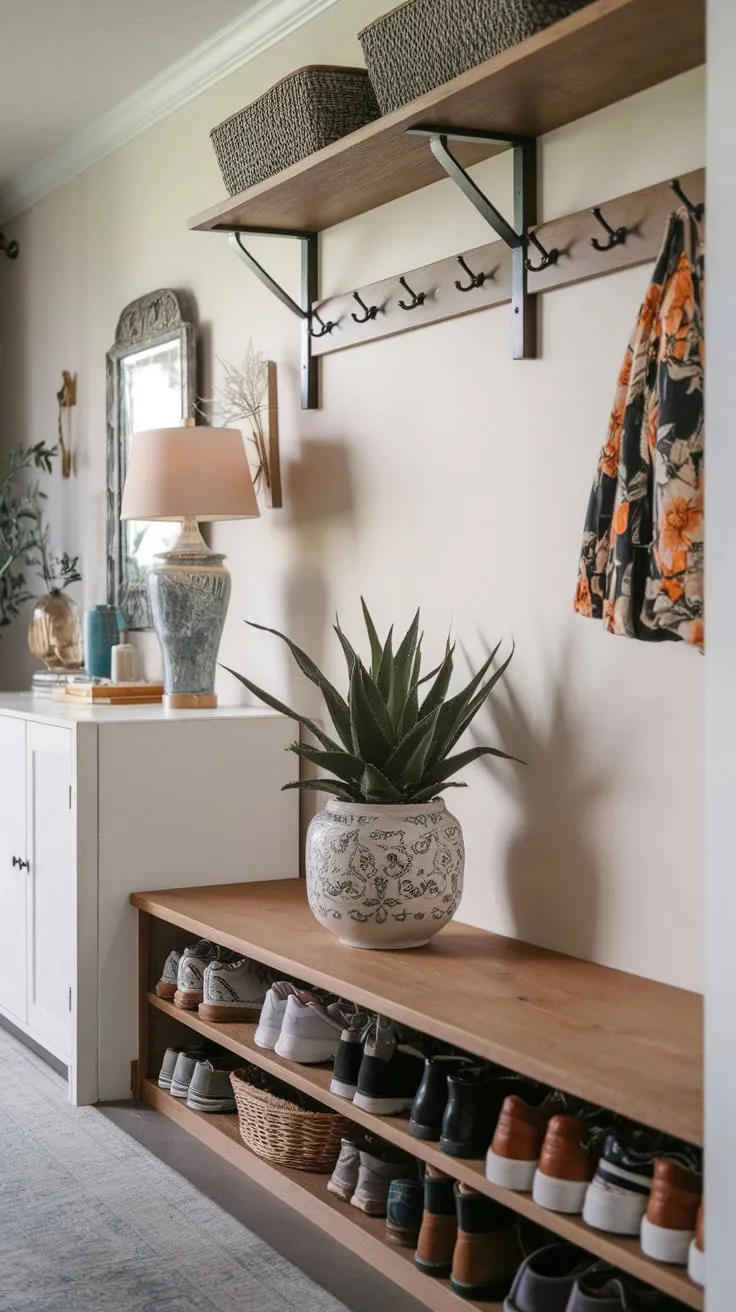 A welcoming and functional hallway storage solution combines a wooden shelf with hooks, a shoe basket, and stylish décor to create an organized and attractive entryway.