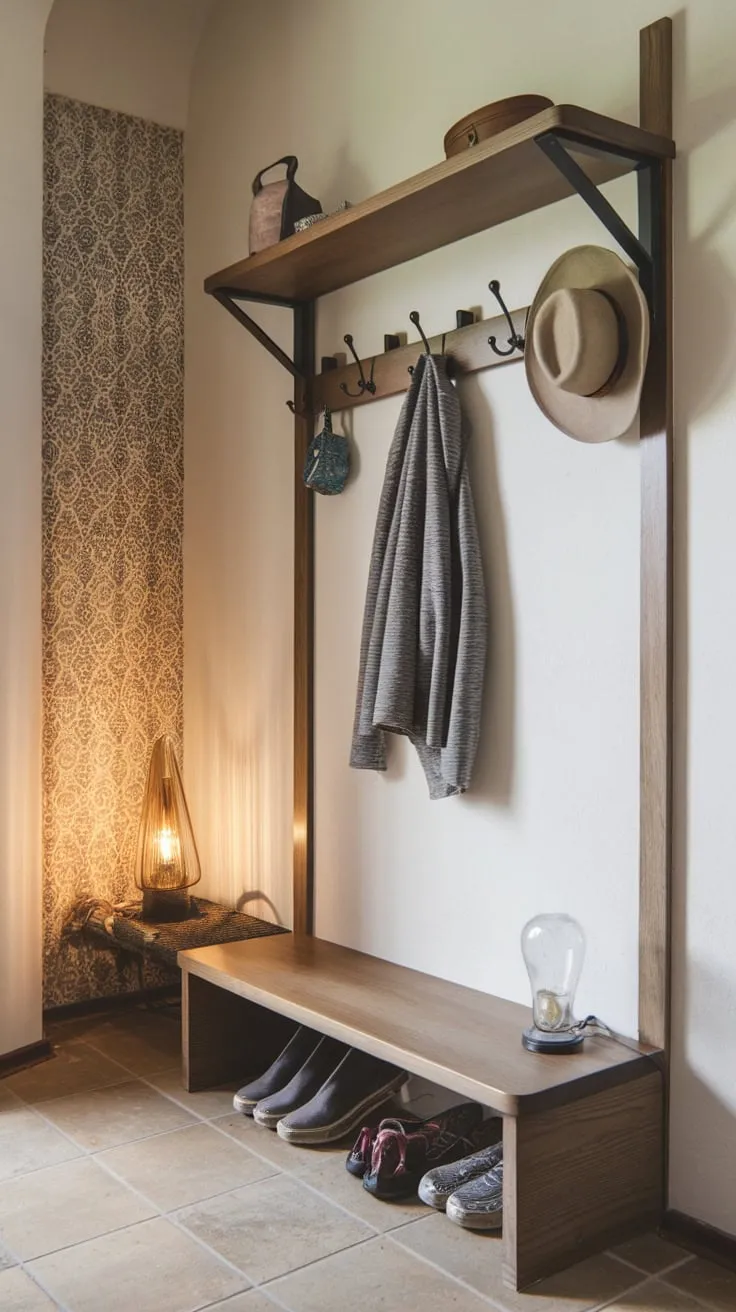 A stylish hallway boasts a wooden shelf with coat hooks, a vintage lamp, and patterned wallpaper creating efficient and charming storage.
